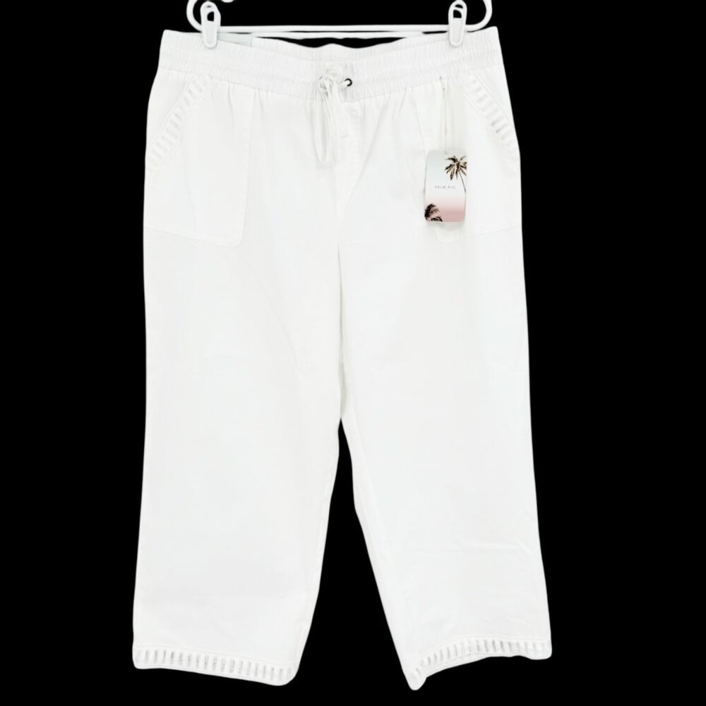 Palm Rio Womens Pull-on Elastic/Drawstring Stretch Poplin White Capris Sz XL NWT